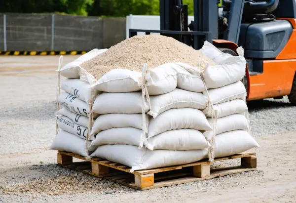 Bulk tote bag full of filled sandbags on a pallet next to a forklift