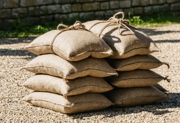 Stack of filled natural burlap sandbags tied with twine on gravel