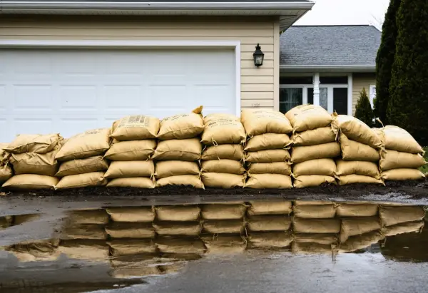 Low wall of tan sandbags in front of a house garage door during a flood