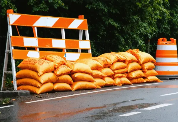 Orange sandbags holding down a road barricade and sign stand on wet asphalt